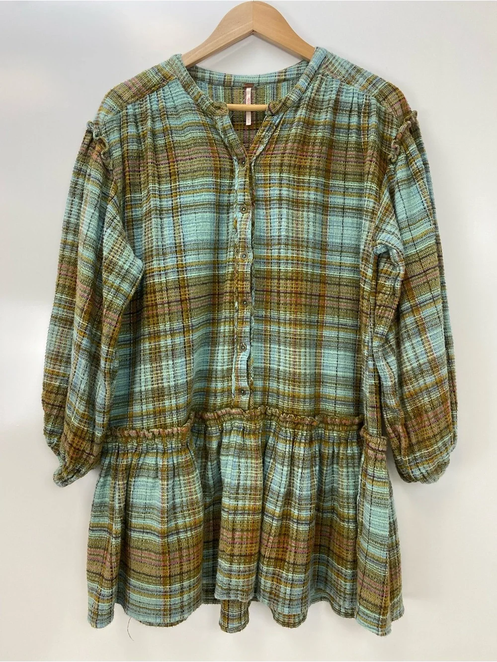 Free People Plaid Button-Front Tunic in Mint Green and Brown